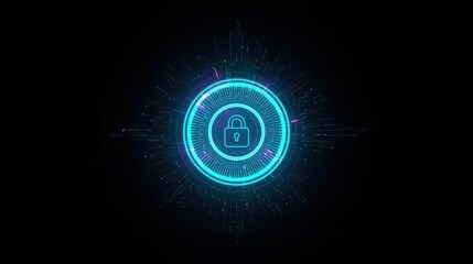 A glowing neon padlock icon in a circle surrounded by light trails signifies data security and protection on a dark digital backdrop showing cyber safety.