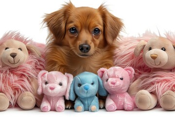 Playful dachshund surrounded by colorful plush toys on white background capturing innocent joy