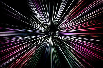 Abstract radial zoom blur background with multicolored light rays on black. Dynamic zoom effect with vibrant glowing lines spreading from the center. Modern energetic design for digital projects.