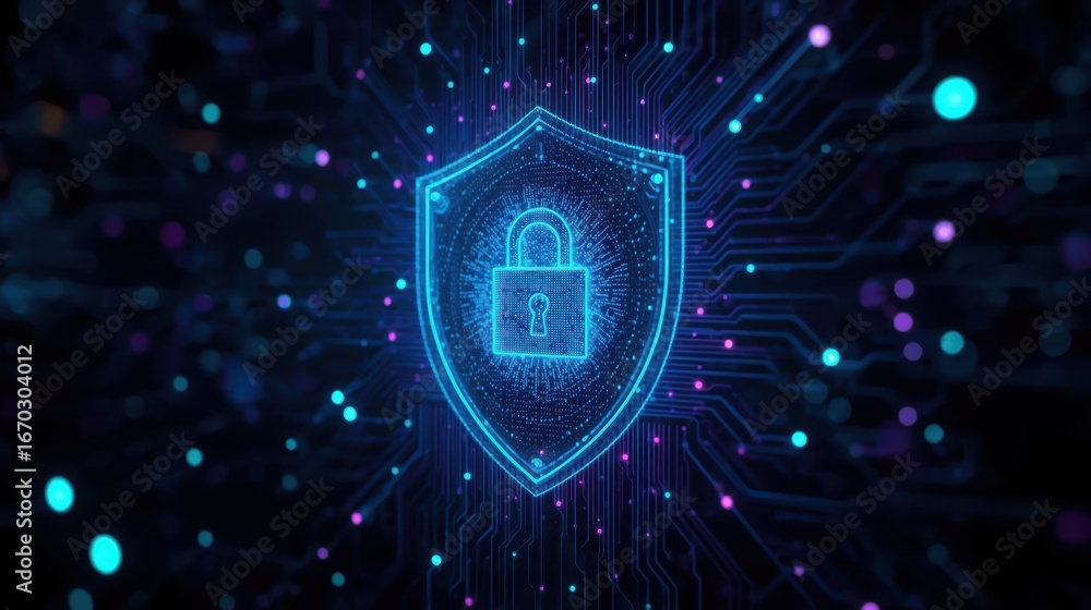 Poster a glowing blue shield with a padlock represents cybersecurity and data protection amidst a network o
