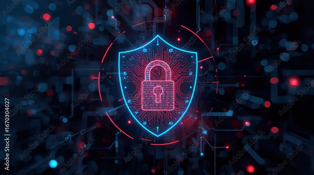 Poster digital shield with padlock represents cyber security against digital attacks and data privacy ensu 