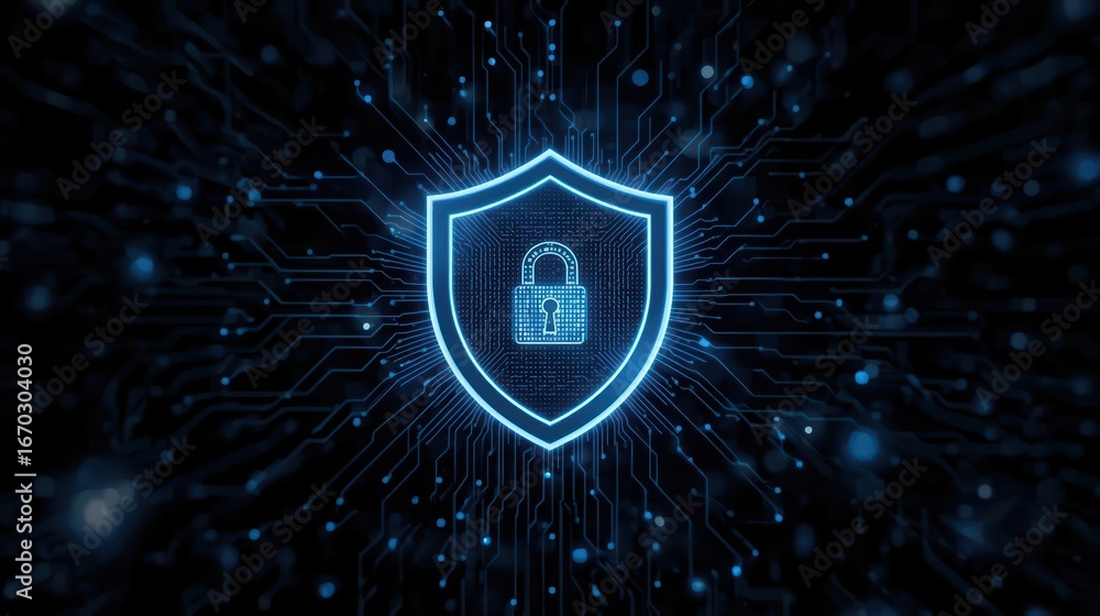Aufkleber glowing digital shield with a padlock protects against cyber threats represented by connecting blue 