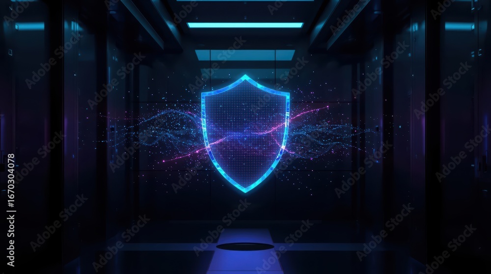Poster a glowing shield with digital particles is displayed in a dark server room suggesting advanced cyber