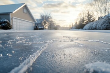 Icy driveway with frost and sunlight in a winter suburban setting