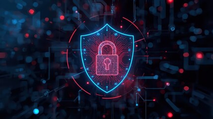 Digital shield with padlock represents cyber security against digital attacks and data privacy ensu secure online information in a futuristic network environment.