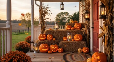 Obraz premium Spooky jack-o'-lanterns and hay bales welcome autumn on a festive porch