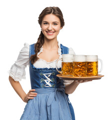 Happy Oktoberfest Dirndl Woman Holding Tray of Beer Mug Isolated on Transparent Background PNG
