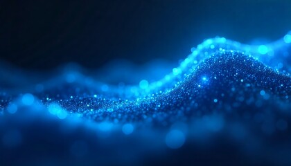 Abstract waves of shimmering sapphire particles elegantly cascade across the dark cosmic background