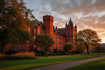 Historic red brick castle at sunset with dramatic sky and green lawn, featuring autumn trees and warm evening light.