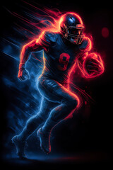 American football player running with ball in dynamic glowing colors. Concept of speed, determination, strength, and competitive energy in modern sports performance.