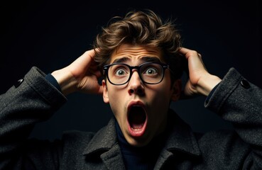 Surprised young man wearing glasses with hands on head expressing shock or disbelief