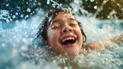 Obraz premium A happy child laughing while splashing in water captures the exuberance of childhood delight and the simple joys of summer fun and playtime with friends.