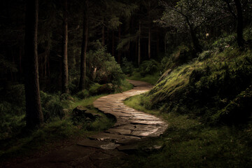 Fototapeta premium Winding forest path illuminated by soft light, surrounded by lush green trees and moss-covered rocks in a tranquil woodland setting.