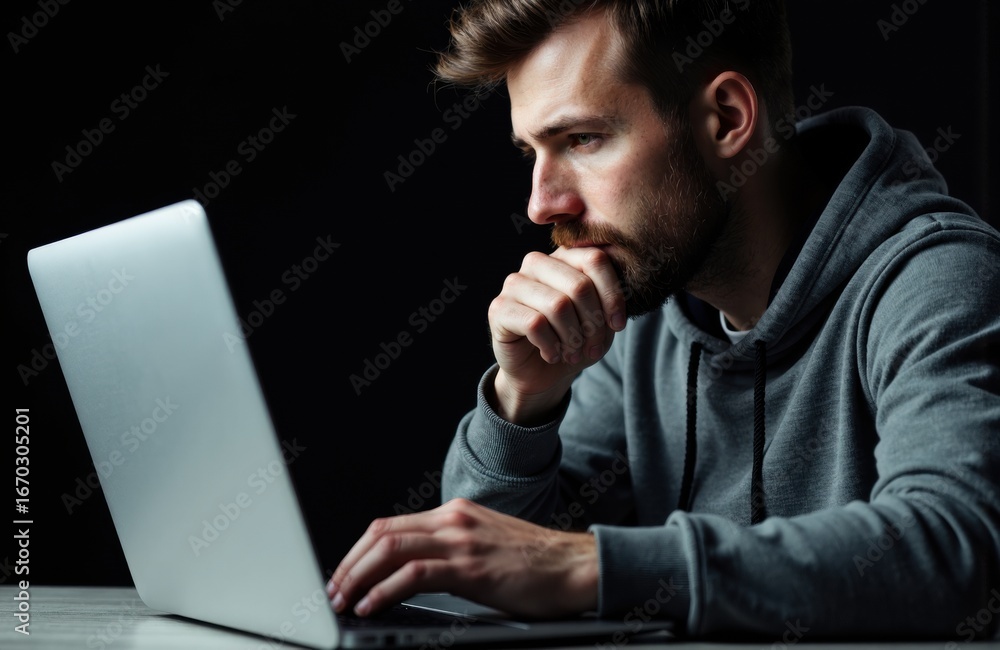 Poster man working on laptop with focused expression in a dark environment