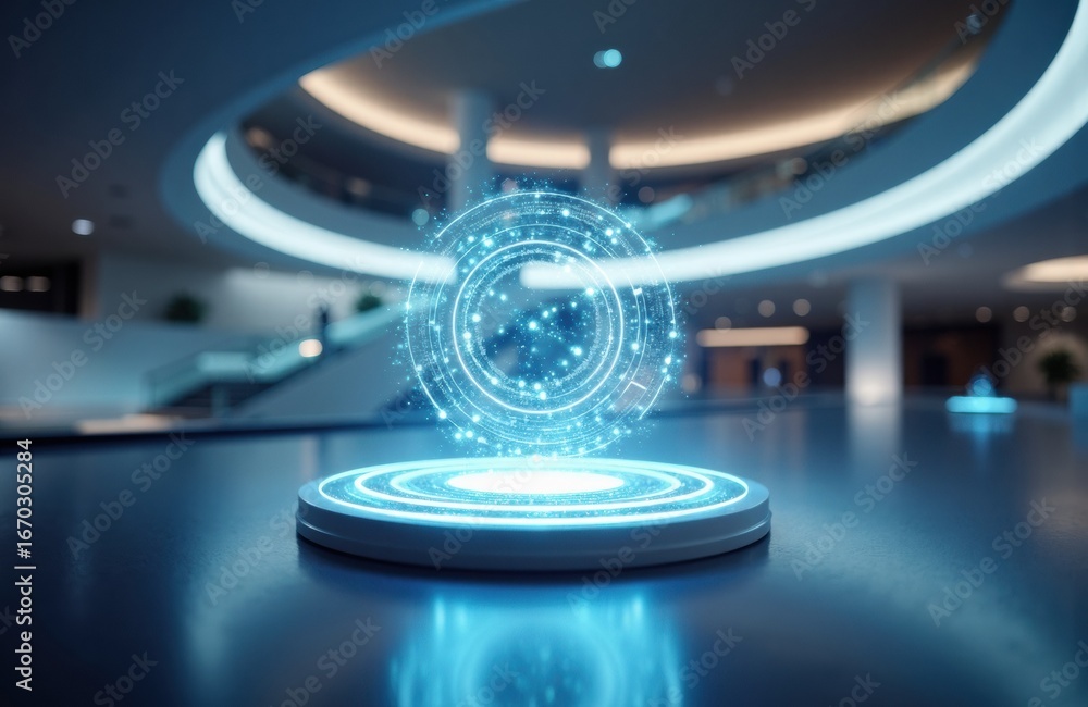 Poster holographic digital interface projecting from a futuristic platform in a modern technology environme