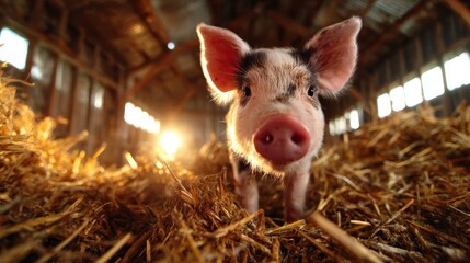 This cute piglet peeks out from a cozy barn filled with straw, capturing the essence of farm life and the joy of rural animals, perfect for showcasing agriculture or animal care.