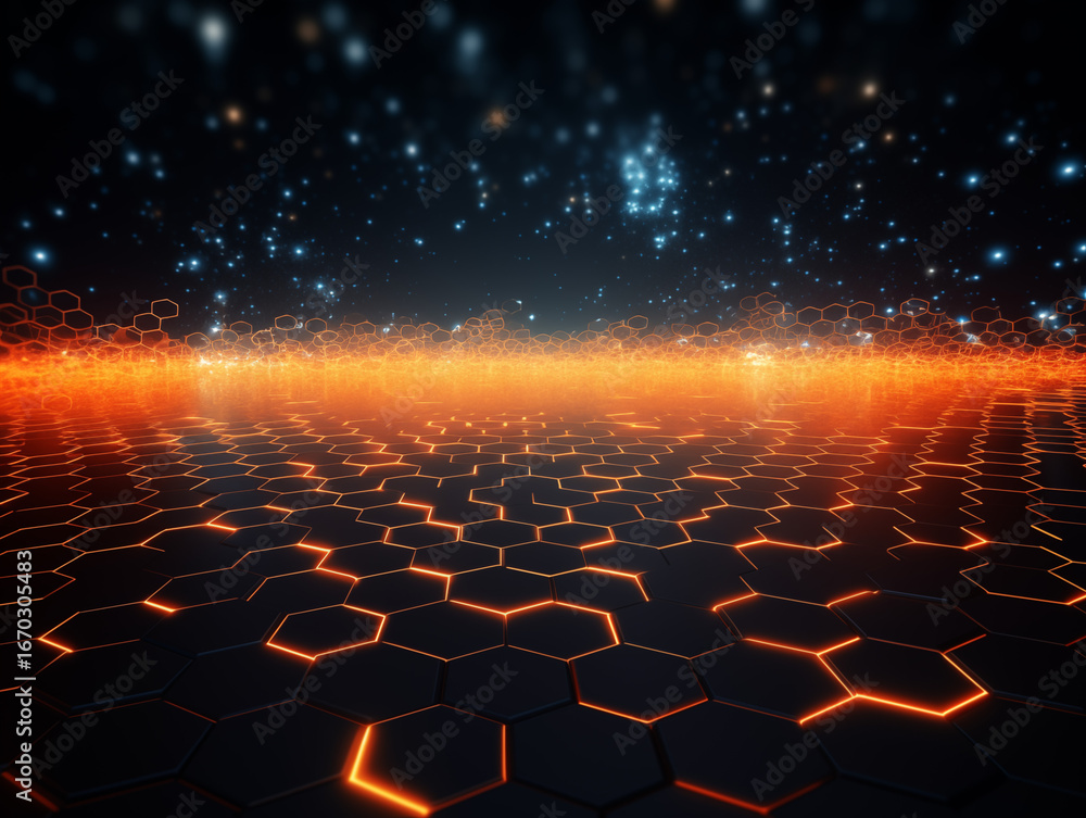Poster dynamic digital landscape with glowing hexagonal grid and futuristic energy, perfect for tech concep