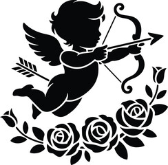Fototapeta premium Cupid's arrow hits target surrounded by roses