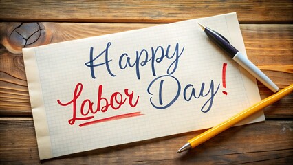 Handwritten happy labor day message on a rustic wooden surface with writing utensils