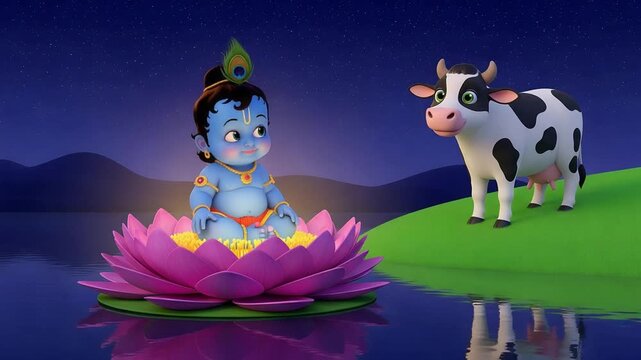 Baby krishna meditating on lotus flower with cow