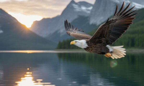 Majestic bald eagle soaring above a serene mountain lake at sunrise - Powered by Adobe