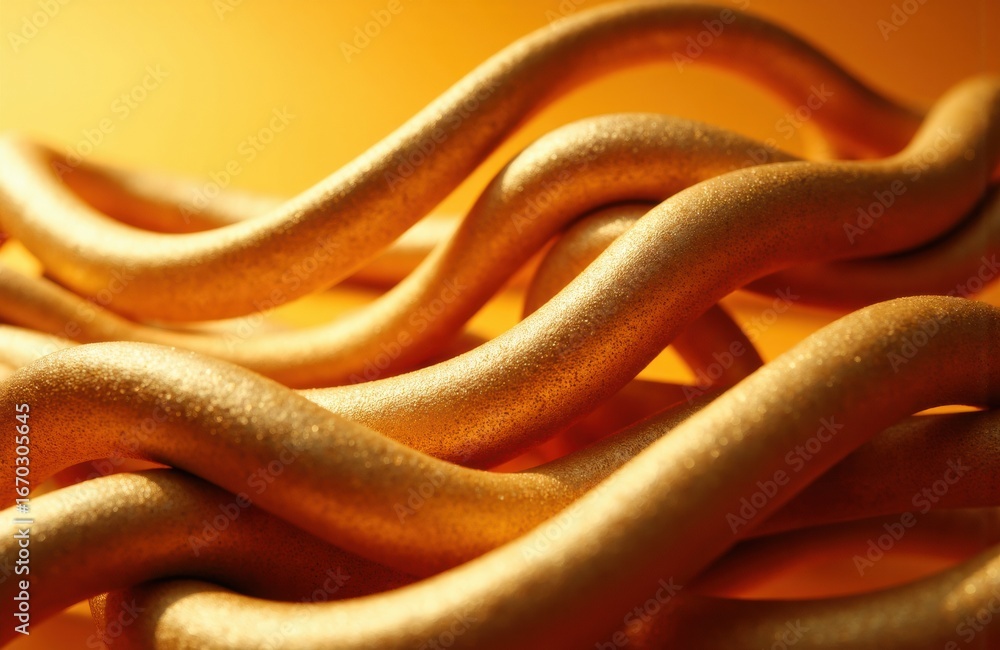 Poster close-up of intertwined snake-like objects with smooth, shiny surfaces and warm golden tones