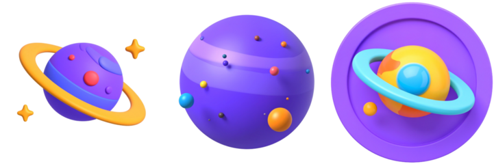 Three Dimensional Renderings Of Planets Featuring Purple And Yellow Hues With Transparent Background
