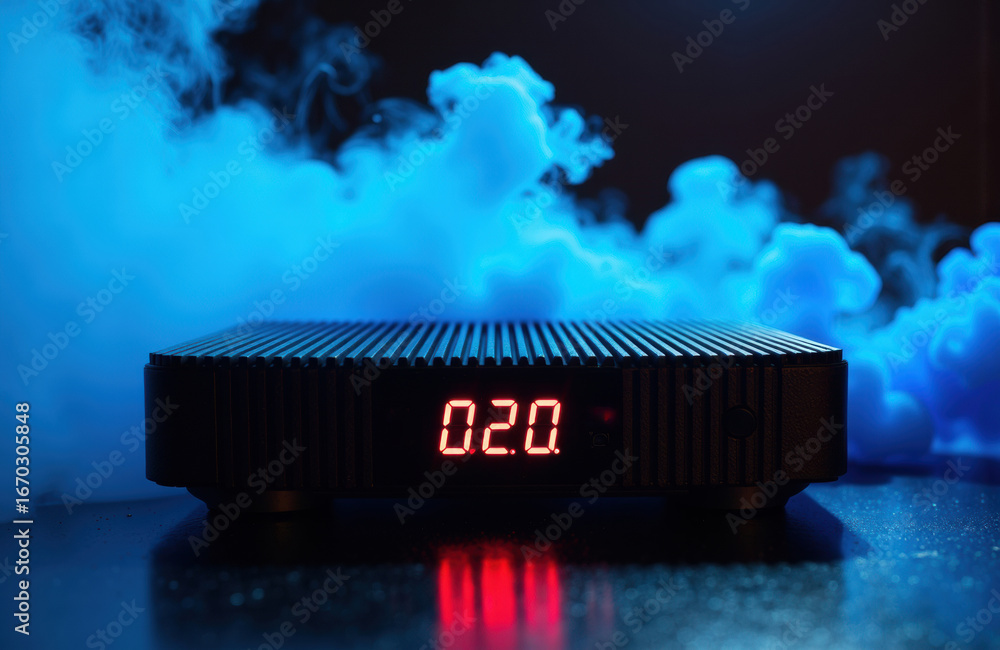 Poster a digital device displaying the number 020 with blue smoke in the background