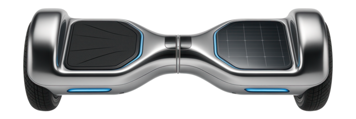 Hoverboard with solar panel charging capability and a sleek silver design