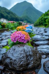 A serene stone pathway meanders through a vibrant garden of colorful blooming flowers