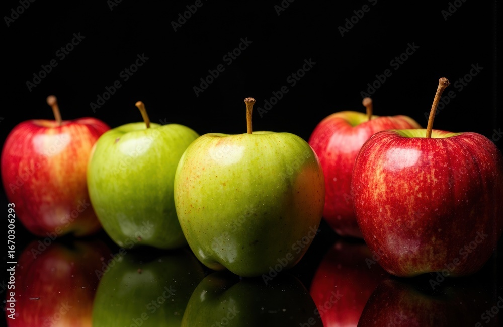 Aufkleber fresh green and red apples arranged in a row on a reflective black surface with a dark background