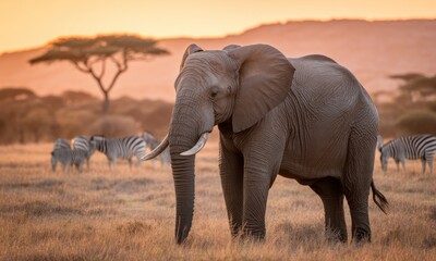 Fototapeta premium Majestic elephant at sunrise in savanna, with zebras in background