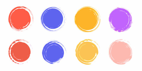 Collection of Eight Colorful Grunge Circles on White Background brush stroke paint
