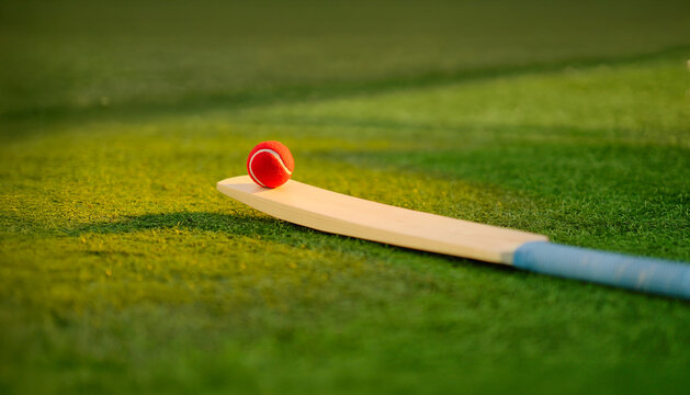 close up of red ball and cricket bat lying on green grass outdoor ground place	