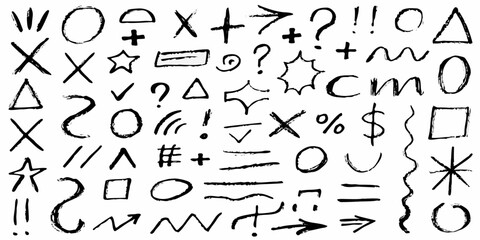 Diverse collection of black hand drawn symbols and marks on white background vector