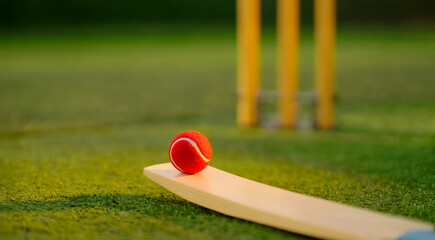 close up of red ball and cricket bat lying on green grass outdoor ground place