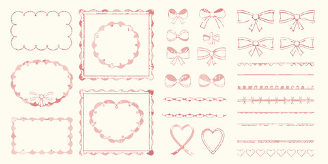 Pink hand drawn decorative frames bows and borders on cream background ribbon heart