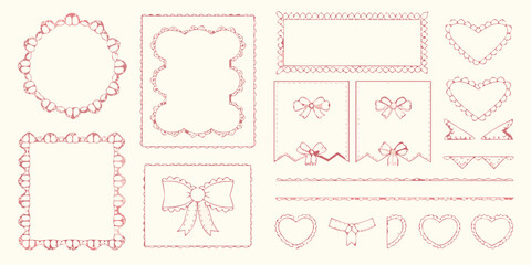 Pink hand drawn decorative frames bows and borders on cream background ribbon heart