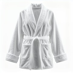 Elegant white terrycloth bathrobe with tie closure, studio shot emphasizing softness on white background