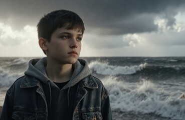 A young boy stands on a stormy beach with dark clouds and rough waves in the background