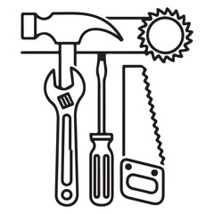 Hand tools illustration featuring hammer, adjustable wrench, screwdriver, and hand saw.