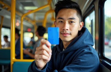A young man taking a photo with a blue card on a bus