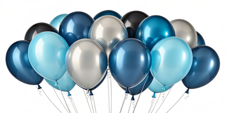 Metallic Blue, Silver, and Black Helium Balloon Bouquet on Transparent Background
Shiny Blue, Light Blue, Silver, and Black Party Balloons with Strings, Isolated Cutout