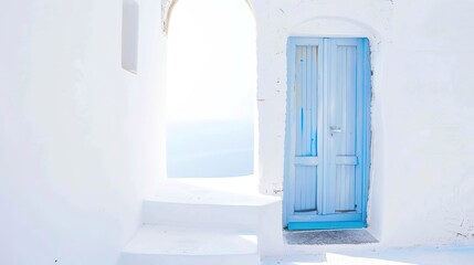 Fototapeta premium Serene Mediterranean Style White and Blues Backgrounds: Timeless Designs Inspired by Coastal Villages, Featuring Crisp White Backdrops, Soft Sky Blue Accents, Deep Navy Details, and Subtle Textures 