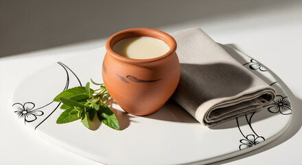 Refreshing drink in rustic clay pot, served with sprig of mint and soft linen cloth, clean living