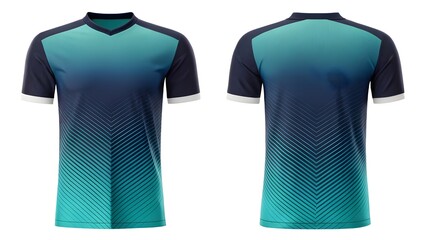 Blank athletic T-shirt Mockup. Front and back views of a V-neck design, blue-to-teal gradient, dotted pattern. Ideal for sportswear branding