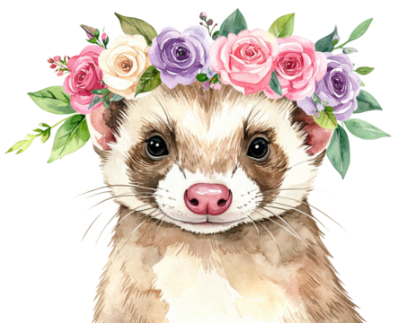 Watercolor Royal Ferret with Floral Crown, Gentle Artistic Style, isolated transparent background png
