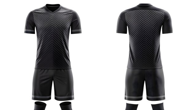 Black soccer uniform mockup from front and back views showcasing stylish patterned design and athletic shorts with crew socks for sportswear branding and presentation