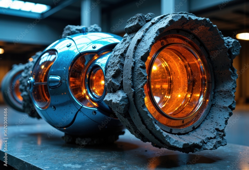 Poster a futuristic spacecraft engine component with metallic and fiery orange elements on display