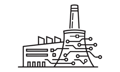 Modern factory with digital network connection. Simple line drawing on white, industry design, isolated vector